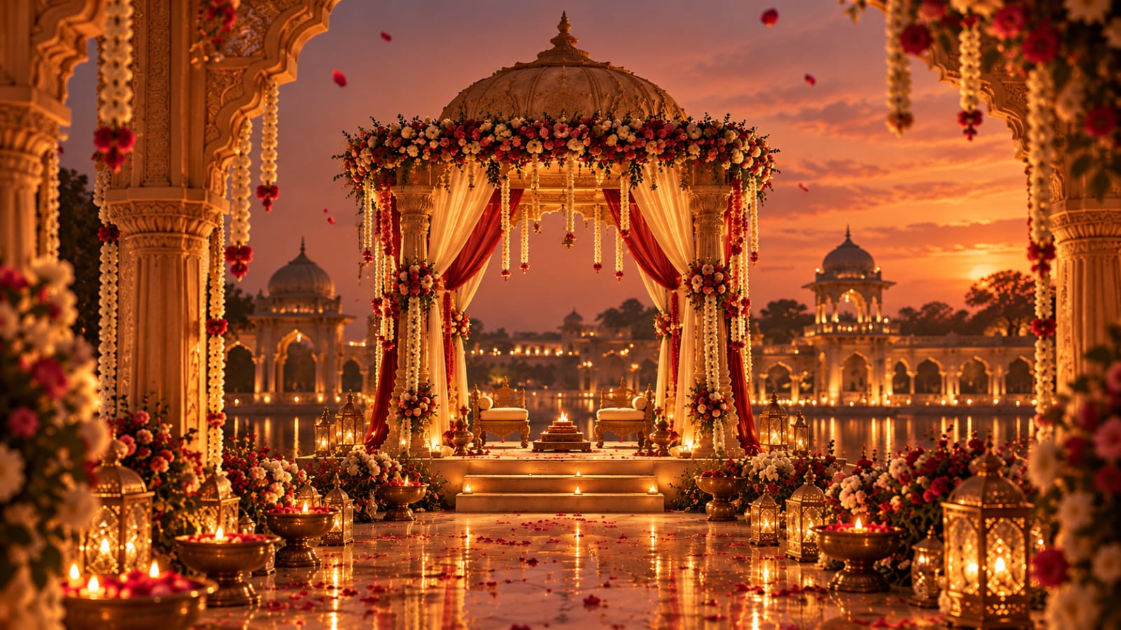 Candlelit floral wedding mandap beside a palace lake at sunset